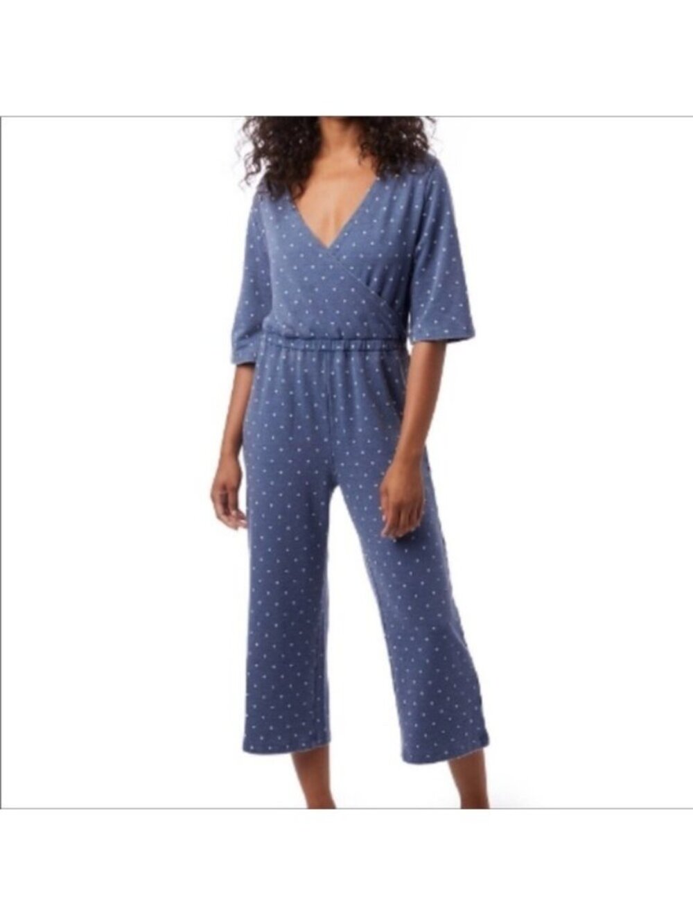 NWT Alternative Bay Blue Pin Dot Piper Cross Front Cropped Jumpsuit L Dots v6x